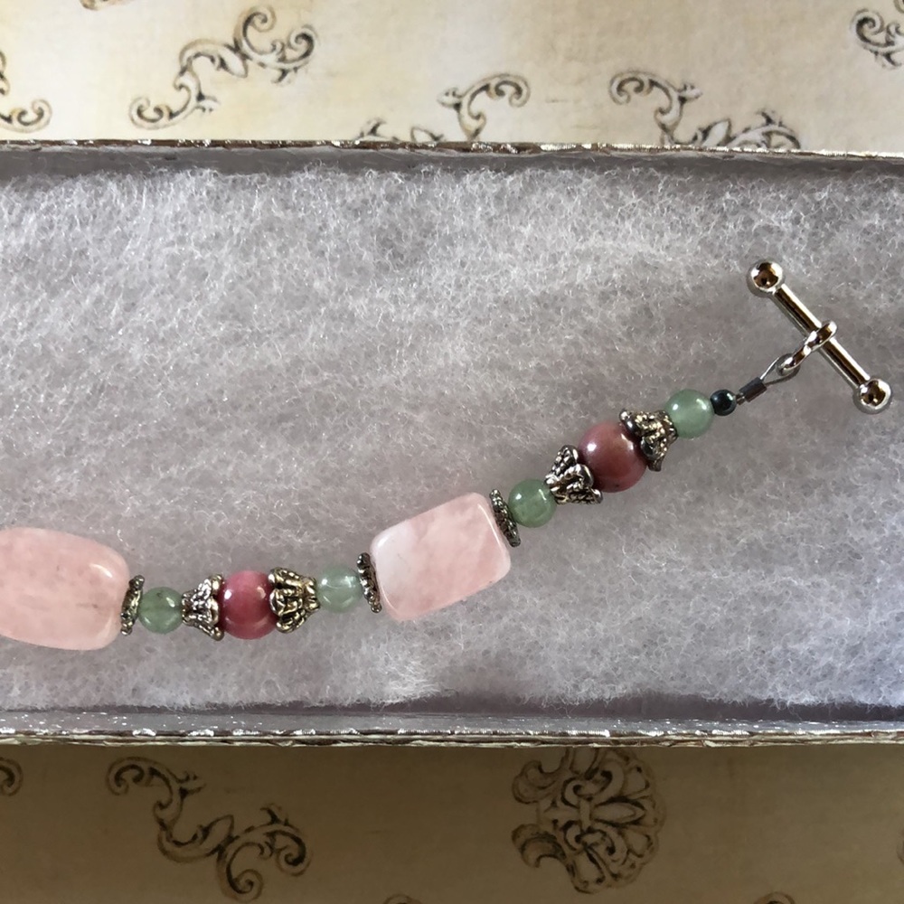 Handmade handcrafted Rhodonite, Aventurine & Rose Quartz bead bracelet NEW